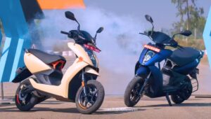 Ather 450 Apex dashboard showing 7-inch TFT touchscreen with ride modes and navigation